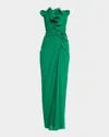 Badgley Mischka Strapless Pleated Ruffle Column Gown In Emerald