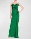 Badgley Mischka Strapless Pleated Ruffle Column Gown In Palm