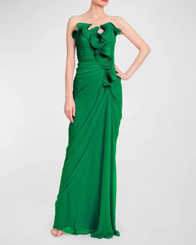 Badgley Mischka Strapless Pleated Ruffle Column Gown In Green