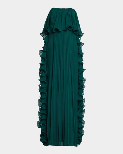 Badgley Mischka Strapless Pleated Ruffle Gown In Green