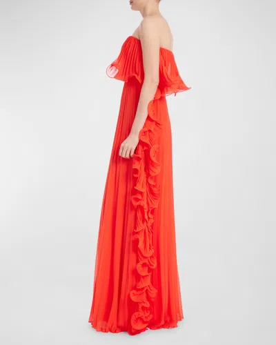 Badgley Mischka Women's Pleated Octopus-trimmed Gown In Persimmon