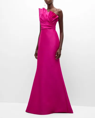 Badgley Mischka Strapless Pleated Trumpet Gown In Fuchsia