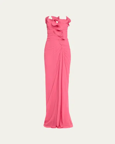 Badgley Mischka Strapless Ruched Ruffle Gown In Strawberry