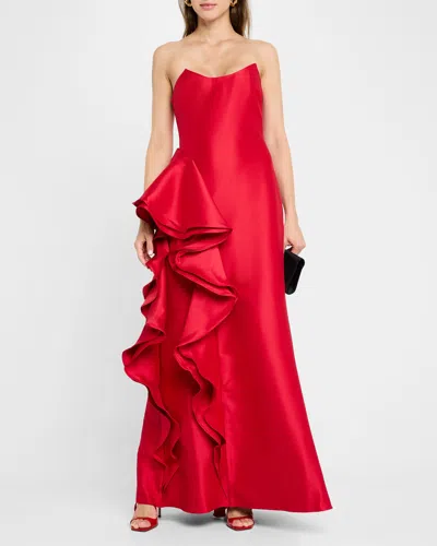 Badgley Mischka Strapless Ruffle A-line Gown In Red