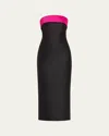 Badgley Mischka Strapless Two-tone Bow Midi Dress In Black Fuchsia