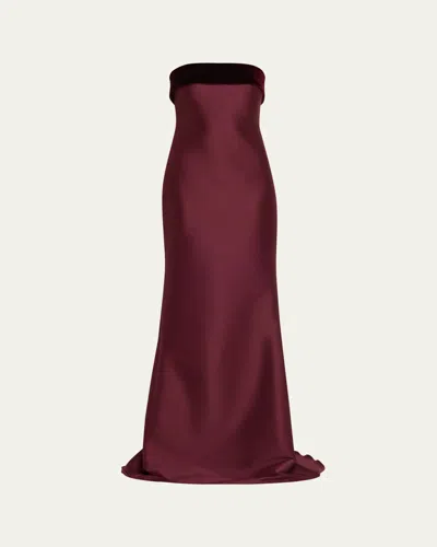 Badgley Mischka Strapless Velvet-trim Mikado Trumpet Gown In Burgundy