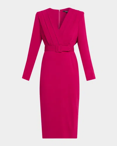 Badgley Mischka Stretch Crepe Belted V-neck Midi-dress In Pink