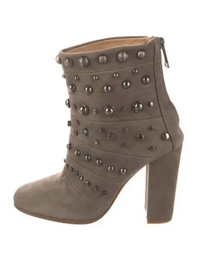 Pre-owned Badgley Mischka Suede Studded Accents Lace-up Boots In Gray