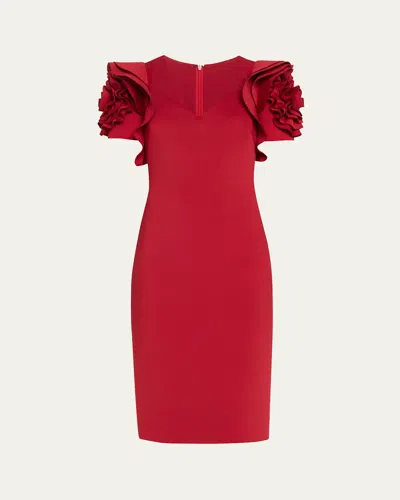Badgley Mischka Sweetheart Ruffle Applique Dress In Wine