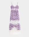 Badgley Mischka Tiered Lace-inset Maxi Dress In Lilac Multi