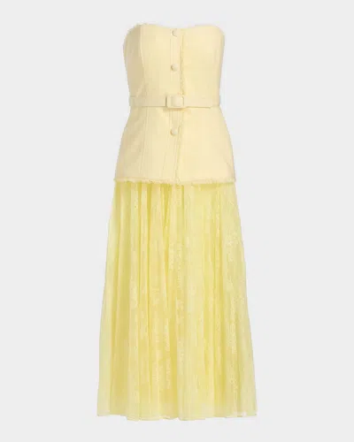 Badgley Mischka Strapless Tweed And Lace Midi Dress In Yellow
