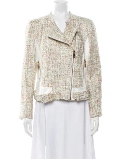Pre-owned Badgley Mischka Tweed Pattern Biker Jacket In Neutrals