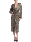 Badgley Mischka V Neck Long Sleeve Plisse Midi Cocktail Dress In Copper In Multi