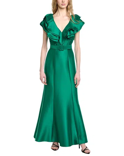 Badgley Mischka V-neck Ruffle Gown In Green