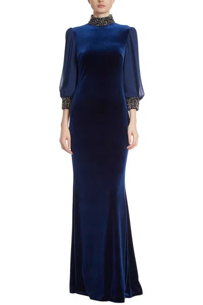 Pre-owned Badgley Mischka Velvet Embellished Cuff Gown For Women In Blue