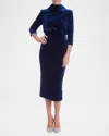 Badgley Mischka Velvet Wrap Midi Sheath Dress In Navy