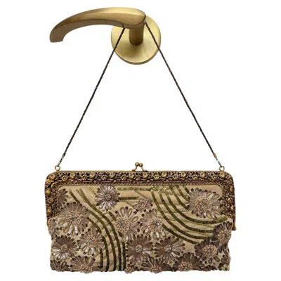 Pre-owned Badgley Mischka Vintage Gold Floral Embellished Evening Bag Purse Clutch In Brown
