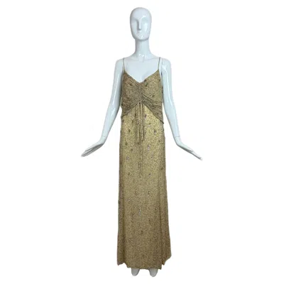 Pre-owned Badgley Mischka Vintage Silk Dusty Yellow Gold Embellished Gown