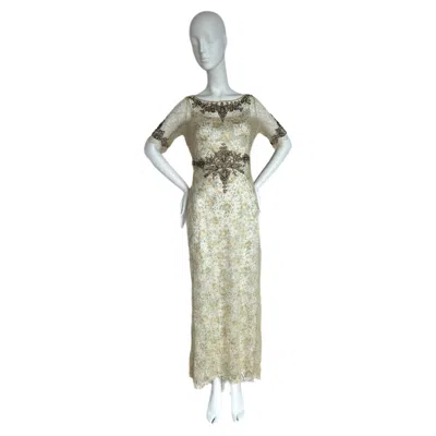 Pre-owned Badgley Mischka Vintage Slip Gown W. Delicate Lace Embellished Overlay Maxi In Gray
