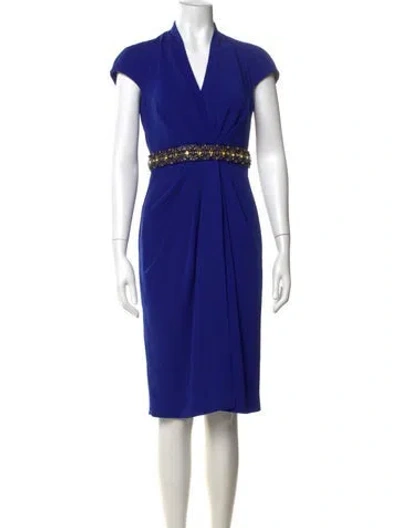 Pre-owned Badgley Mischka V-neck Knee-length Dress In Blue