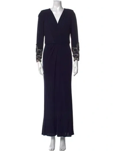 Pre-owned Badgley Mischka V-neck Long Dress In Blue