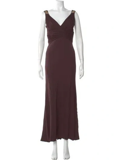 Pre-owned Badgley Mischka V-neck Long Dress In Brown