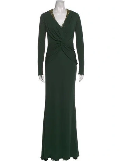 Pre-owned Badgley Mischka V-neck Long Dress In Green