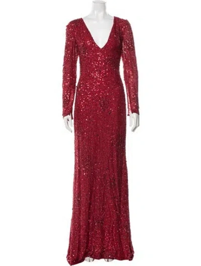 Pre-owned Badgley Mischka V-neck Long Dress In Red