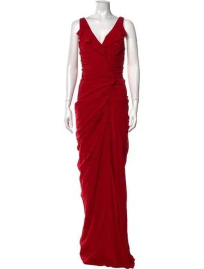 Pre-owned Badgley Mischka V-neck Long Dress In Red