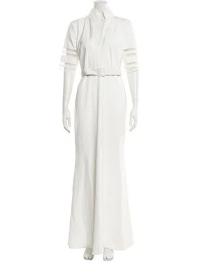 Pre-owned Badgley Mischka V-neck Long Dress In White
