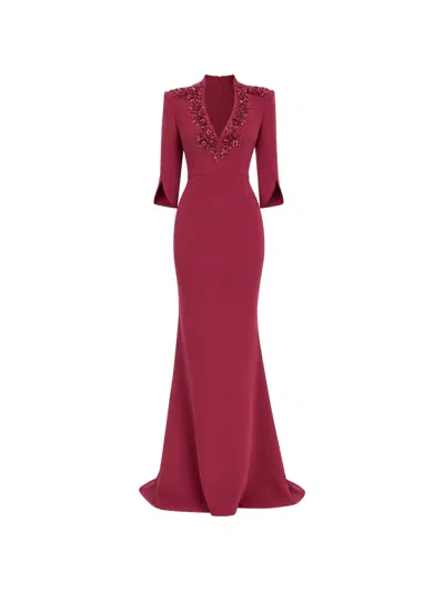 Badgley Mischka V-neck Maxi Gown In Red