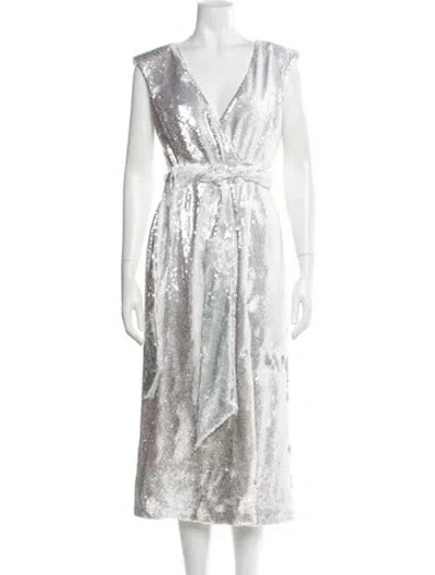 Pre-owned Badgley Mischka V-neck Midi Length Dress W/ Tags In Silver