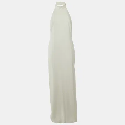 Pre-owned Badgley Mischka White Crepe Halter Neck Gown L
