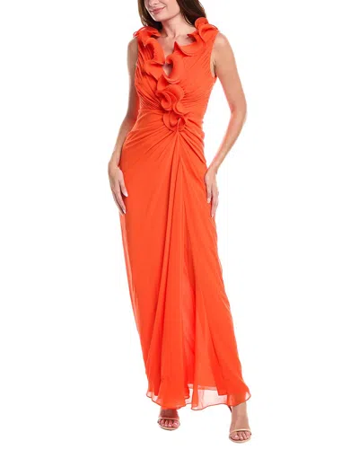 Badgley Mischka Strapless Ruched Georgette Gown In Orange