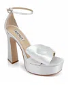 Badgley Mischka Women's Alora Ii Square Toe Bow Embellished High Heel Platform Sandals In White Satin