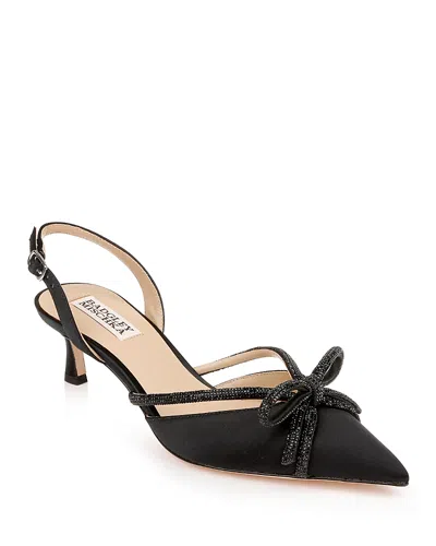 Badgley Mischka Women's Angelina Pointed Toe Pave & Imitation Pearl Bow Embellished Kitten Heel Sandals In Black Satin