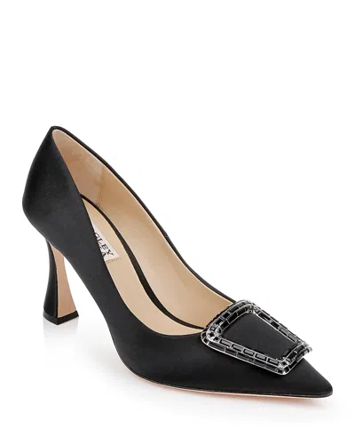 Badgley Mischka Women's Aubree Pointed Toe Rhinestone Embellished Mid Heel Pumps In Black Satin