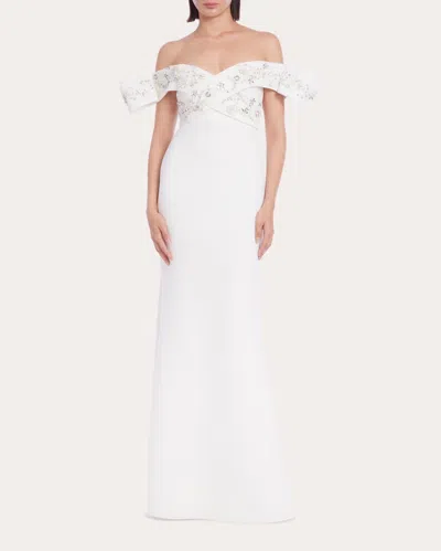 Badgley Mischka Off-the-shoulder Embellished Scuba Gown In White