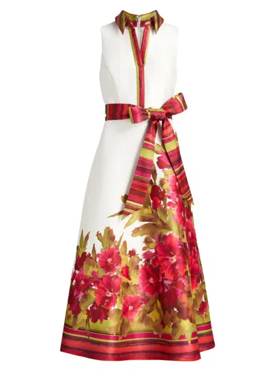 Badgley Mischka Sleeveless Floral-print Mikado Midi Dress In White