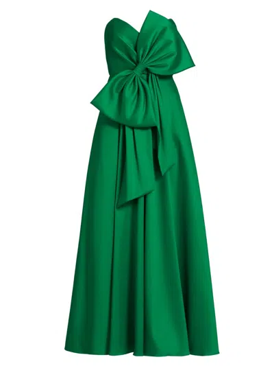 Badgley Mischka Strapless Bow-detailed Satin-twill Gown In Emerald