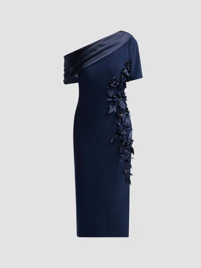 Badgley Mischka Draped One-shoulder Cocktail Midi Dress In Blue
