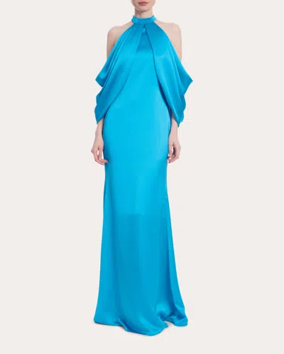 Badgley Mischka Women's Draped Shoulder Satin Gown In Blue