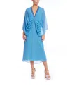 Badgley Mischka Draped Embellished Chiffon Midi Dress In Blue