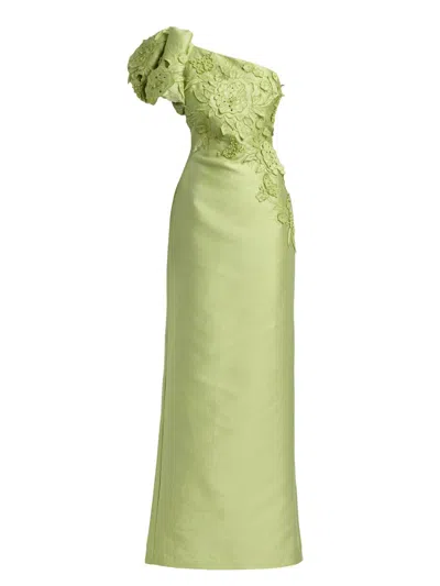 Badgley Mischka One-shoulder Pebble Gazar Column Gown In Green