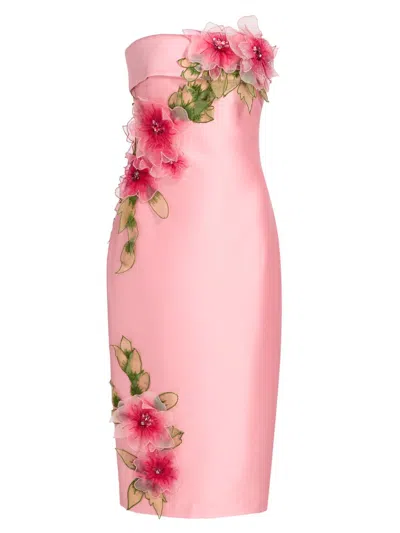 Badgley Mischka Strapless Floral Applique Satin Midi Dress In Pink