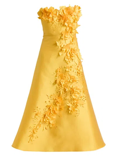 Badgley Mischka Women's Floral Applique Strapless Cocktail Dress In Yellow