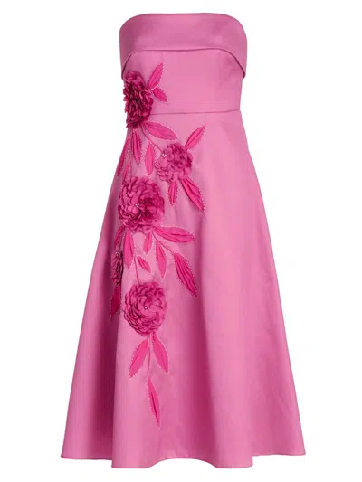 Badgley Mischka Women's Floral Appliqué Strapless Midi-dress In Pink