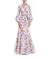 Badgley Mischka Collection Abstract Floral Long Sleeve Taffeta Mermaid Gown In Multi