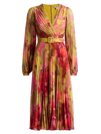 Badgley Mischka Pleated Floral Wrap Cocktail Dress In Pink