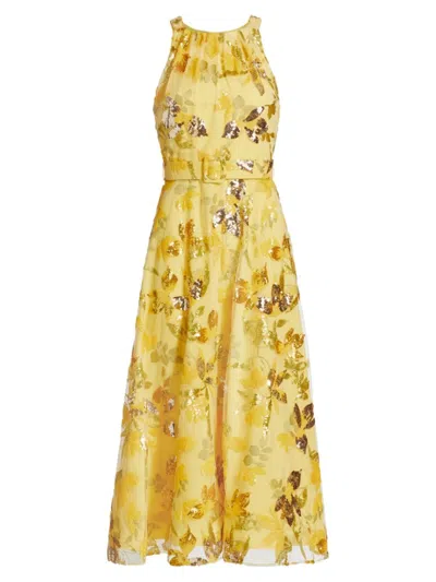 Badgley Mischka Women's Floral Sequin Belted Cocktail Dress In Yellow Mint